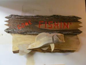 Click to enlarge image  - WOOD FISH WALL ART - 3-D WOODEN FISH GONE FISHIN' SIGN